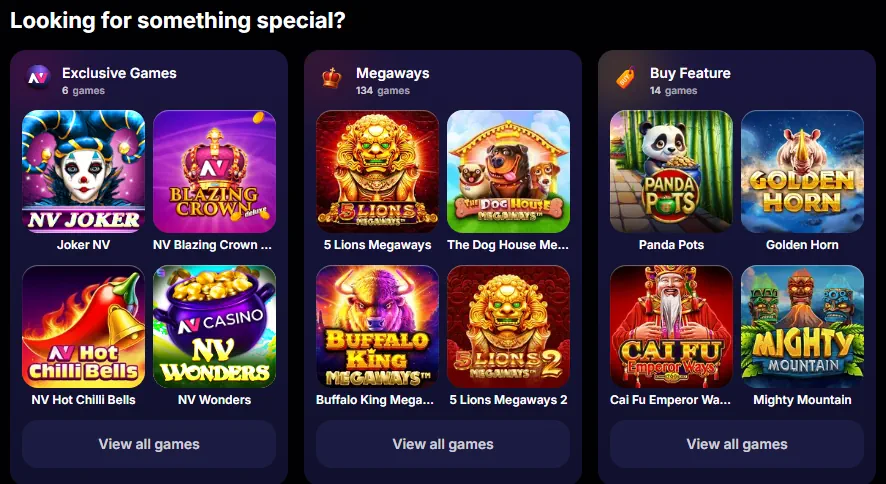 NV Casino spelbibliotheekcategorieƫn en uitgelichte gokkastminiaturen
